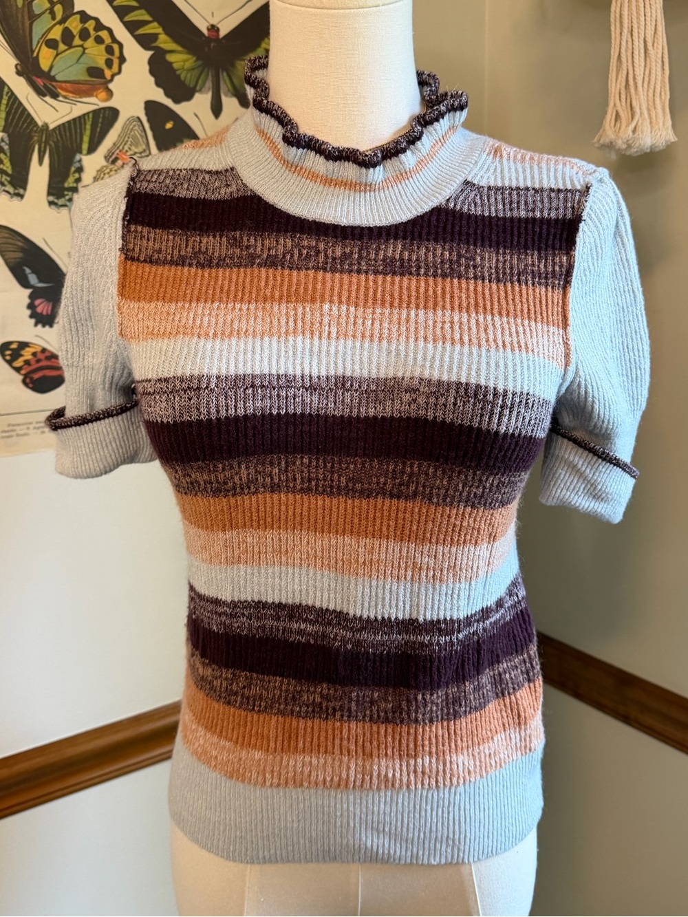 Free People Striped Short-Sleeve Mock Neck Sweater in Light Blue, Rust & Plum